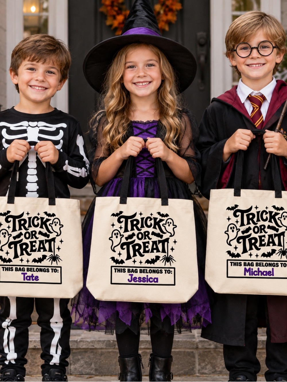 Canvas Trick or Treat Tote Bag in Cream personalized design